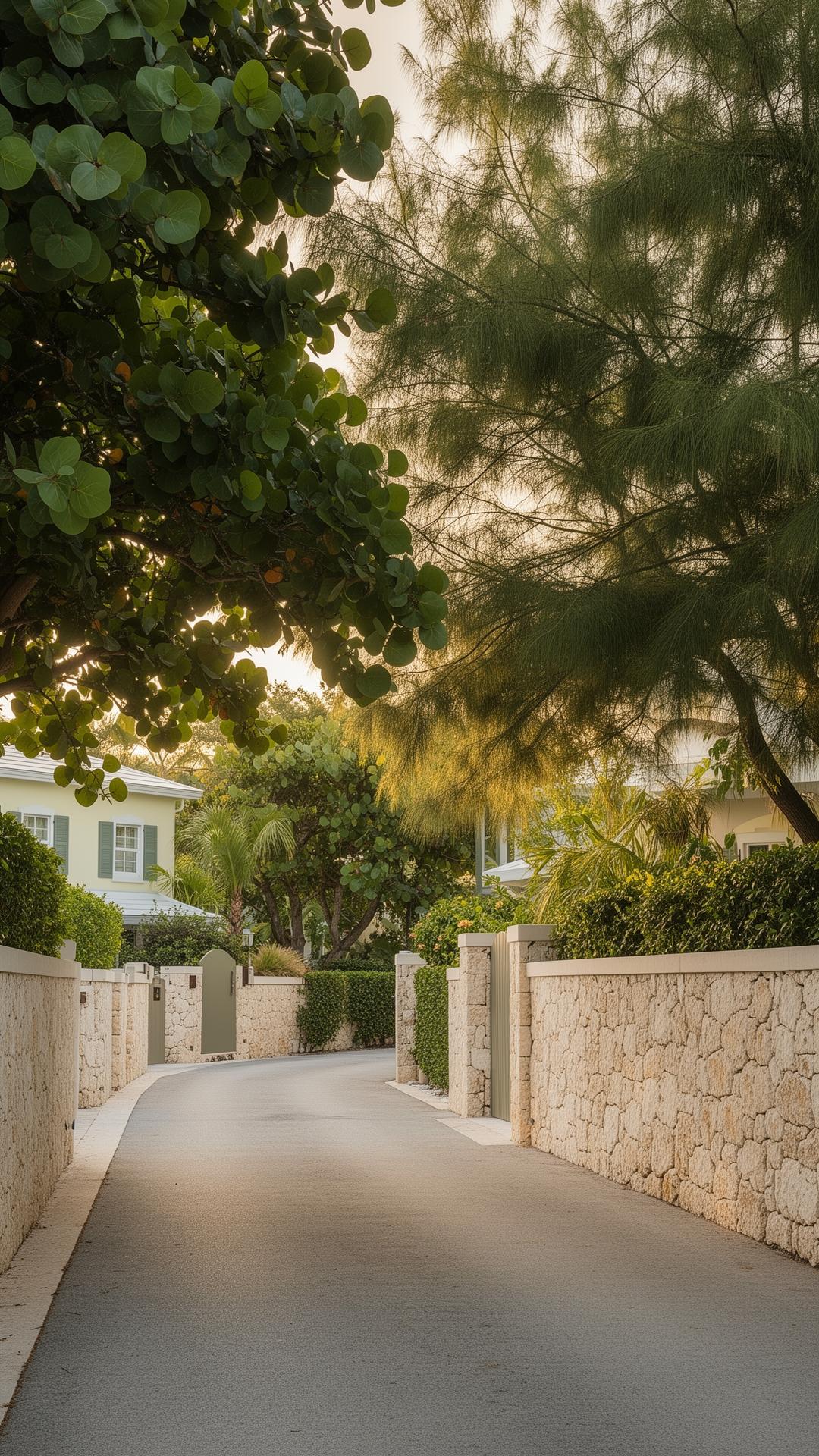 A quiet residential street in Grand Cayman lined with palms